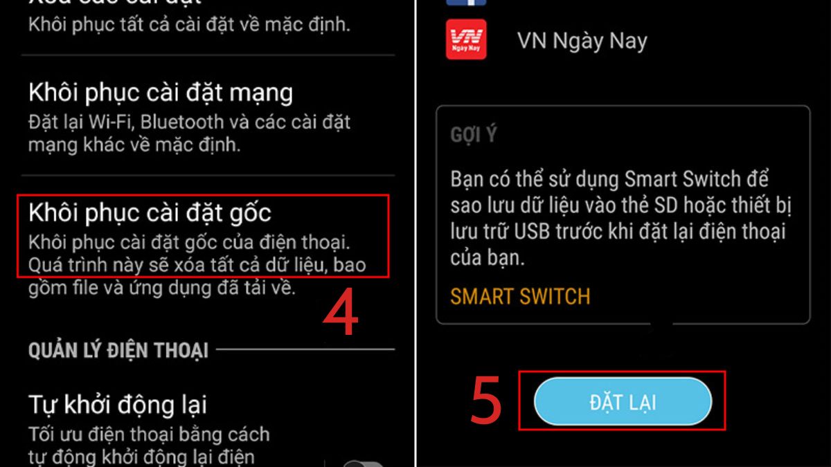 Nhấn Đặt lại để xác nhận khôi phục cài đặt gốc, khắc phục CH Play bị ẩn