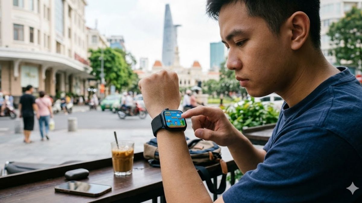 Người dùng đang trải nghiệm chơi game trên Apple Watch để giải trí tiện lợi tại không gian ngoài trời.