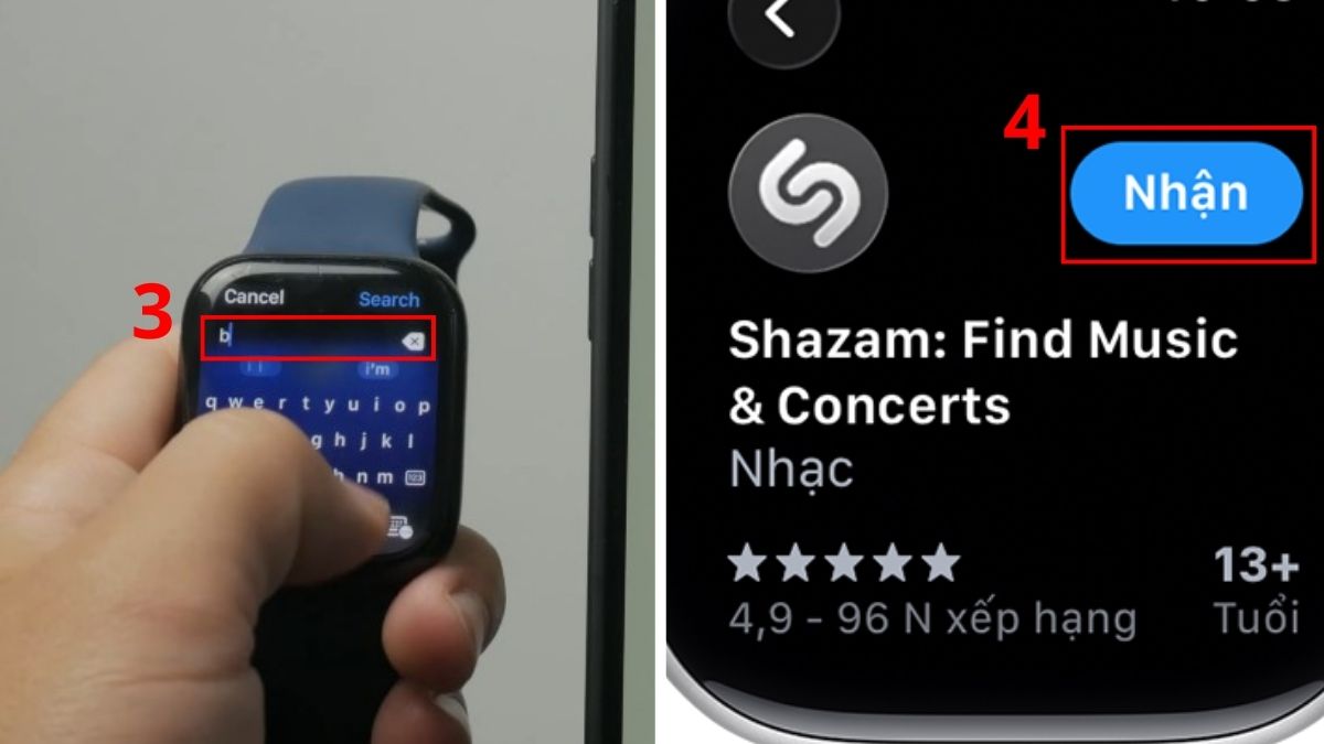 Tìm kiếm và nhấn nút nhận để cài đặt trò chơi apple watch từ cửa hàng ứng dụng trực tuyến.