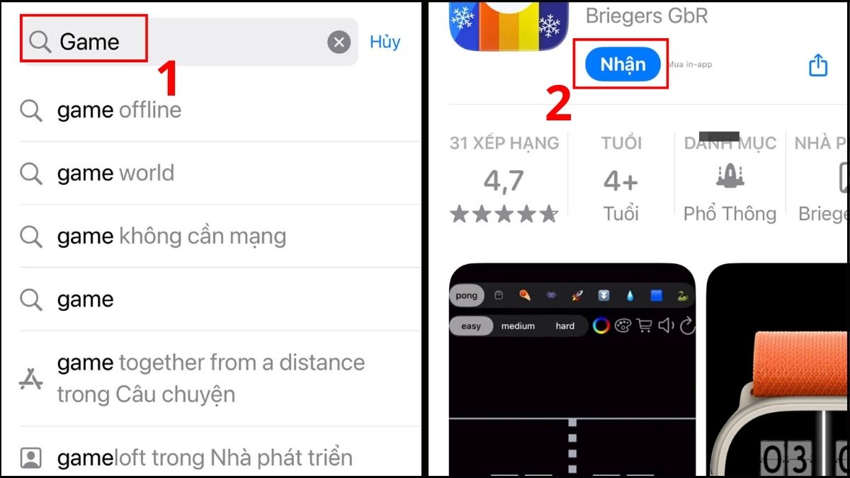 Tìm kiếm các tựa game hay cho Apple Watch trên kho ứng dụng App Store của điện thoại iPhone.