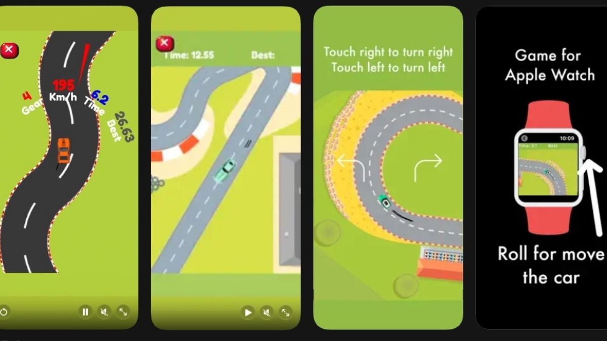 Giao diện đua xe hấp dẫn của Touch Round, một tựa game trên Apple Watch được nhiều người yêu thích.