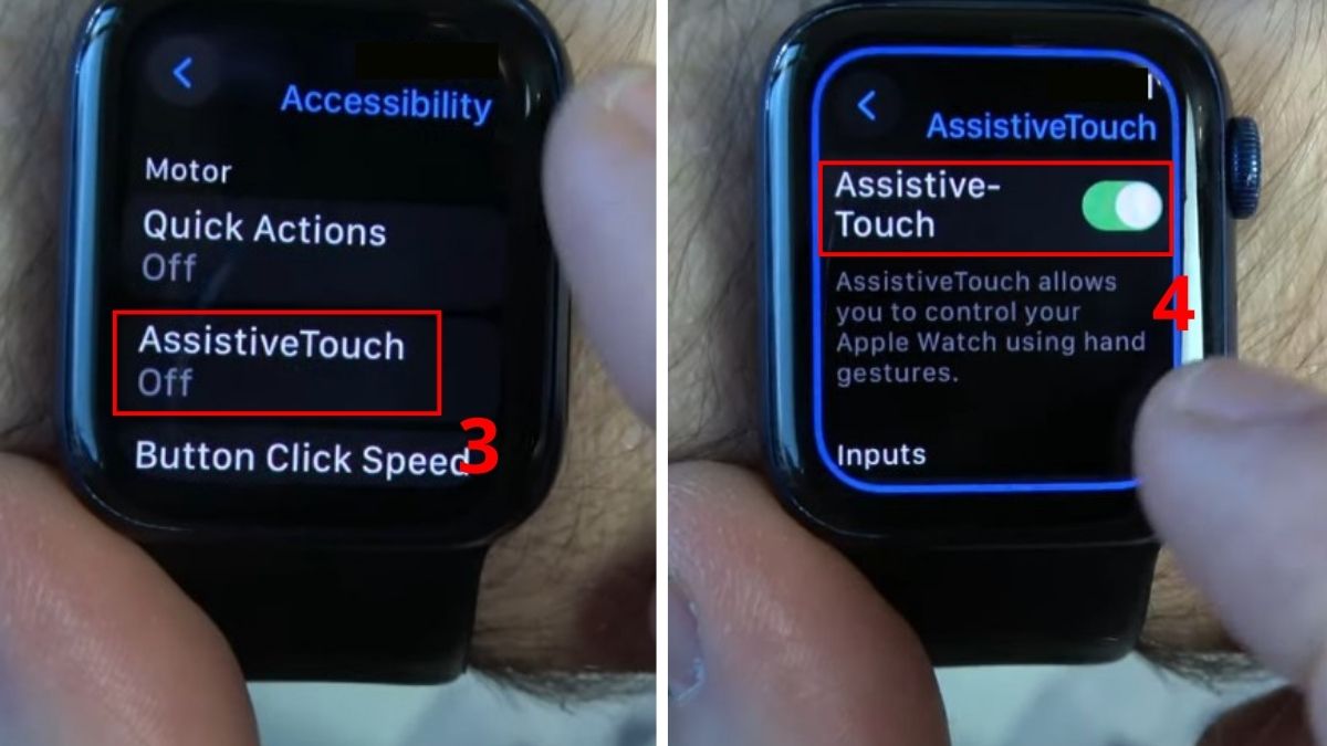 Bật AssistiveTouch hỗ trợ cách chơi game trên Apple Watch thông qua phản xạ cử chỉ mà không cần chạm.