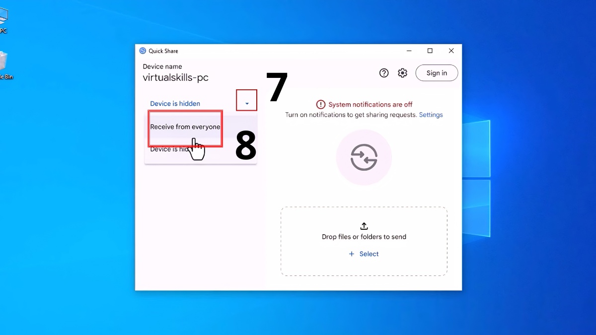 Nhấp biểu tượng tại mục Device is hidden để thiết lập chia sẻ lân cận pc.