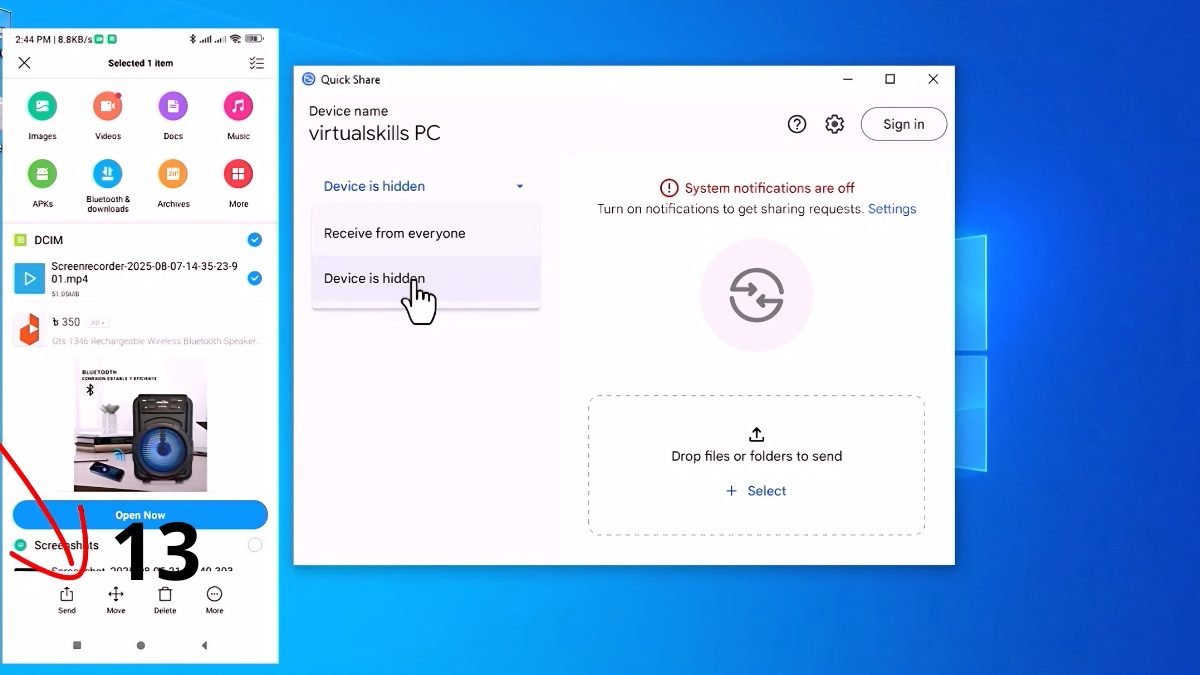 Nhấn Send trên hình ảnh để thực hiện cách chia sẻ lân cận sang PC.