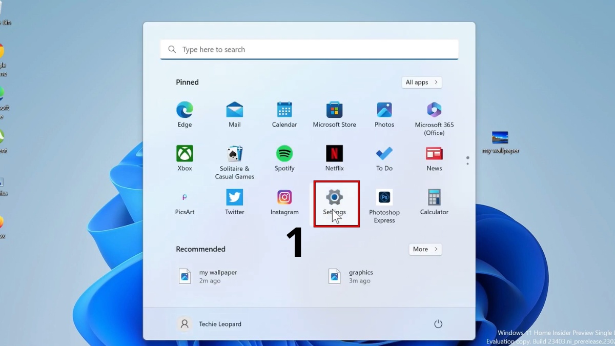 Mở Settings từ menu Start để cài đặt chia sẻ lân cận laptop Windows.