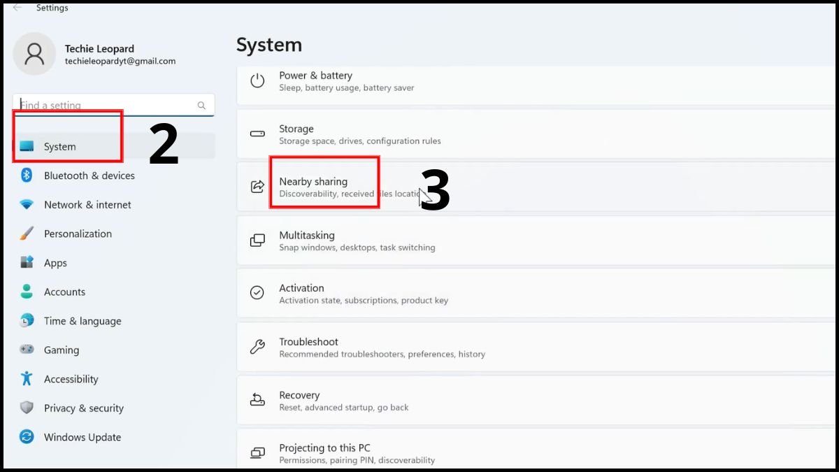 Truy cập mục Nearby sharing trong System để thiết lập chia sẻ lân cận pc.