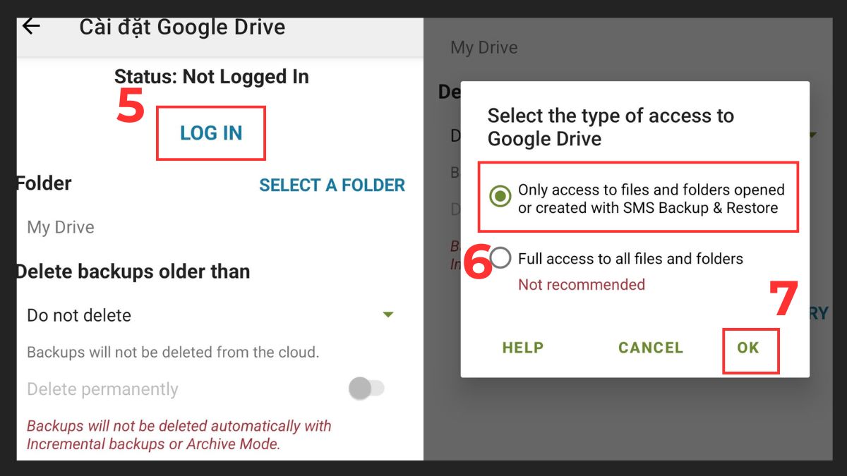 Cấp quyền truy cập Google Drive để chuyển tin nhắn từ Android sang Android