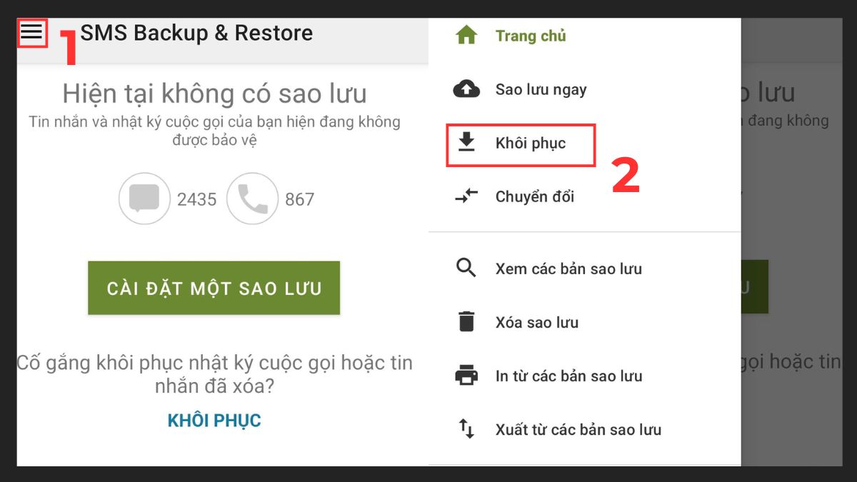 Hướng dẫn truy cập tính năng khôi phục để chuyển tin nhắn từ Android sang Android