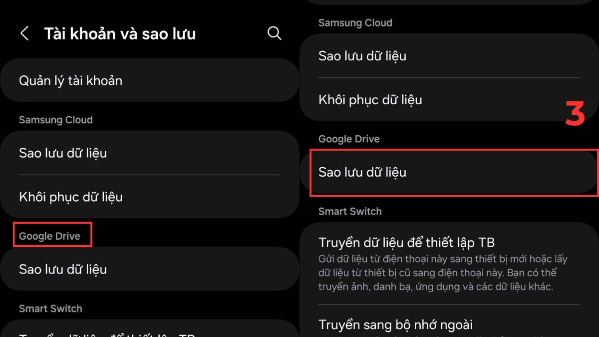 Hướng dẫn chọn mục Google Drive để sao lưu dữ liệu, giúp chuyển tin nhắn SMS từ Android sang Android.
