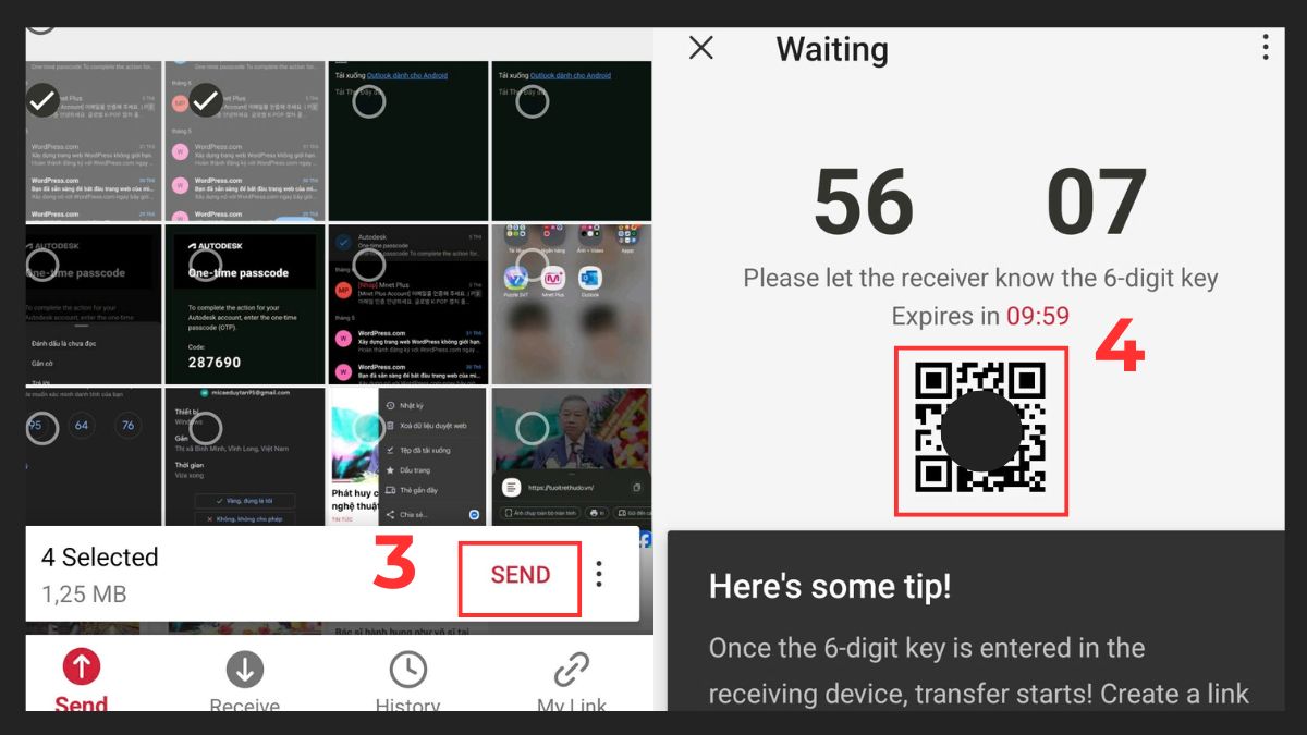 Giao diện chọn dữ liệu và lấy mã QR để chuyển tin nhắn từ Android sang Android