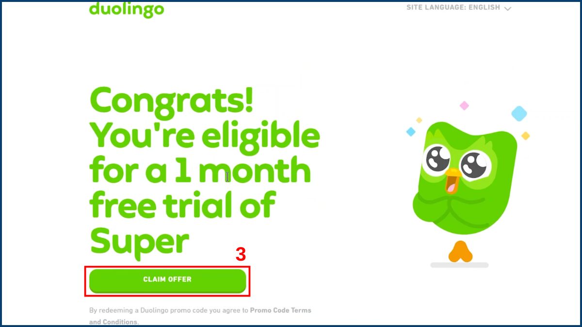 Màn hình kích hoạt thành công code duolingo mới nhất cho gói dùng thử Super