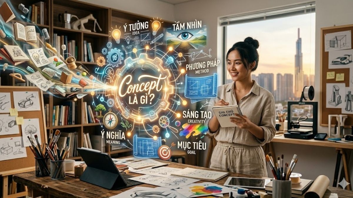 Người phụ nữ vận dụng kỹ năng ghi chú để tìm hiểu concept là gì và các yếu tố sáng tạo.