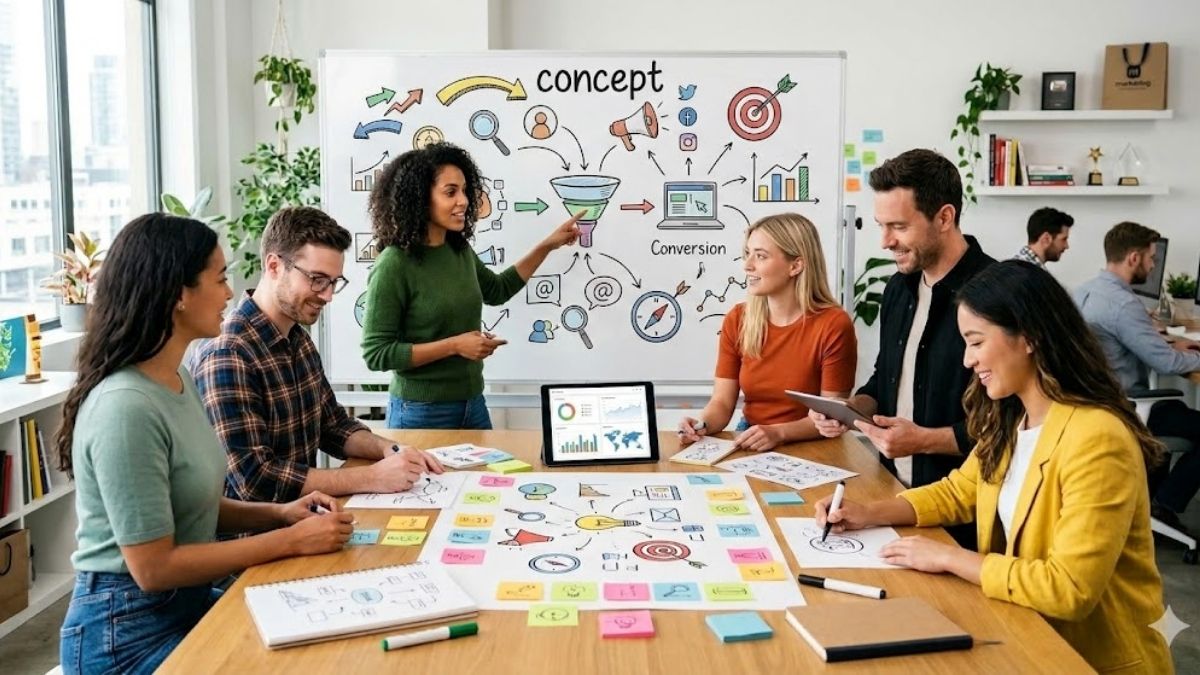 Nhóm nhân viên thảo luận về marketing concept là gì để xây dựng giá trị cốt lõi cho thương hiệu.