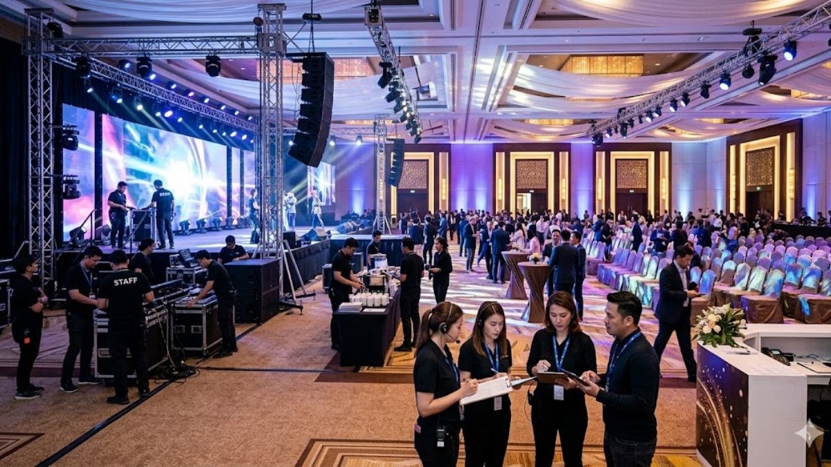 Đội ngũ nhân sự đang triển khai thực tế concept là gì trong sự kiện tại hội trường lớn.