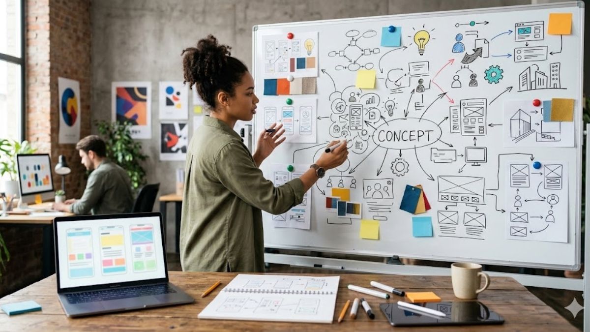 Nhà thiết kế tổng hợp thông tin để phác thảo concept là gì trên bảng thiết kế giao diện.