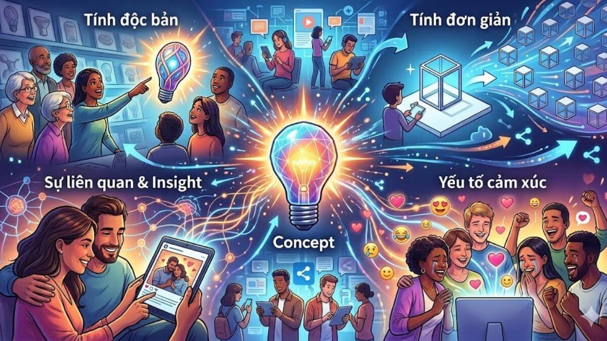 Minh họa các yếu tố tạo nên concept là gì ví dụ như tính độc bản và sự đơn giản.