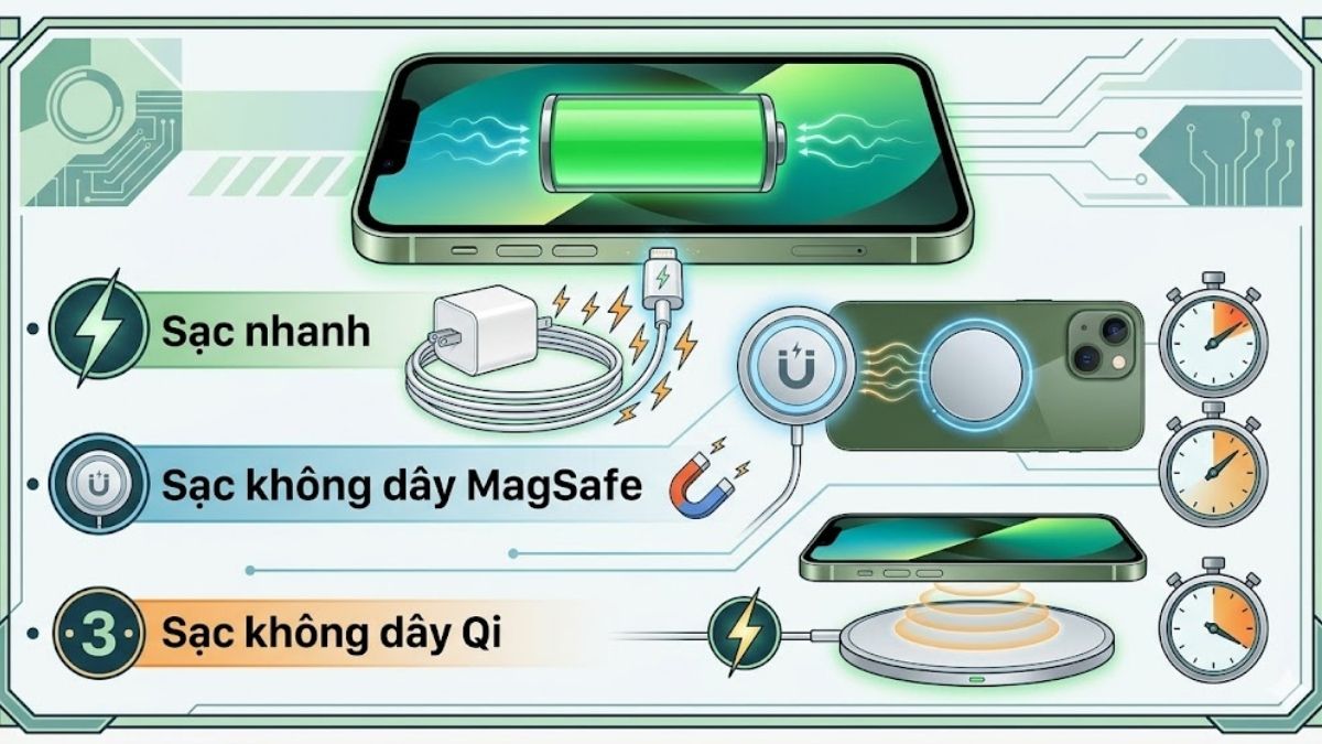 Công nghệ sạc nhanh hỗ trợ nạp đầy dung lượng pin iPhone 13 mini hiệu quả.
