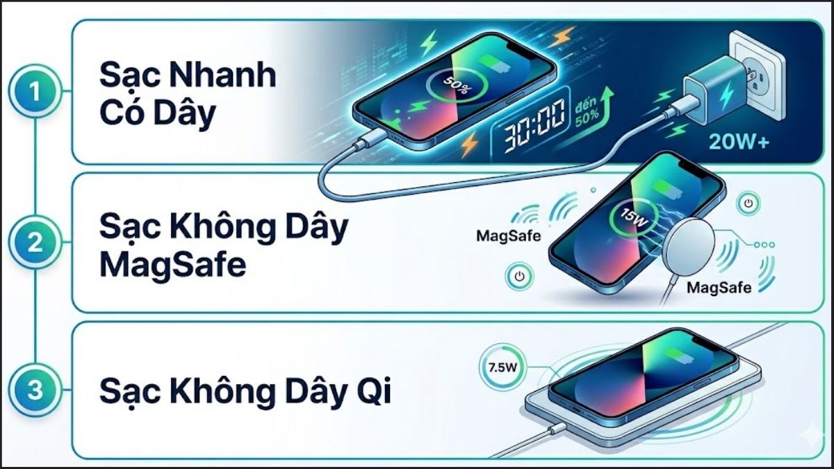 Tổng hợp công nghệ sạc giúp tối ưu dung lượng pin iPhone 13 Pro vượt trội.