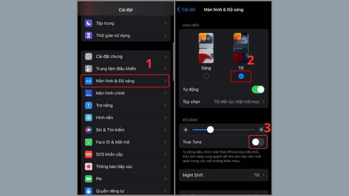 Cài đặt giao diện tối nhằm giảm dung lượng pin iphone 13 tụt nhanh.