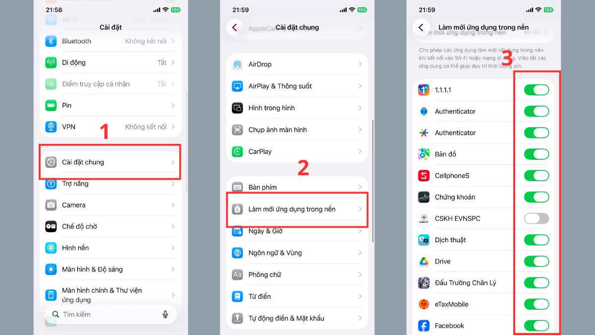 Tắt tính năng làm mới ứng dụng nền tránh dung lượng pin iphone 13 tụt nhanh.