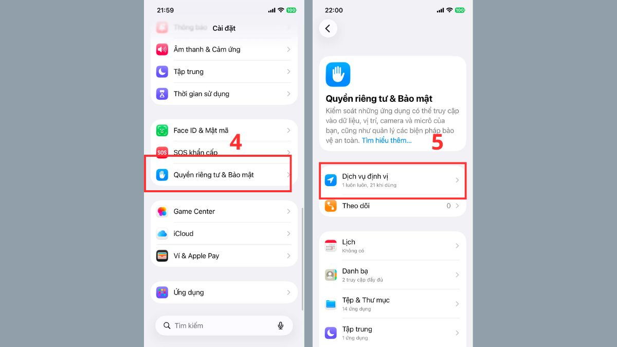Tắt dịch vụ định vị hệ thống hạn chế dung lượng pin iphone 13 tụt nhanh.