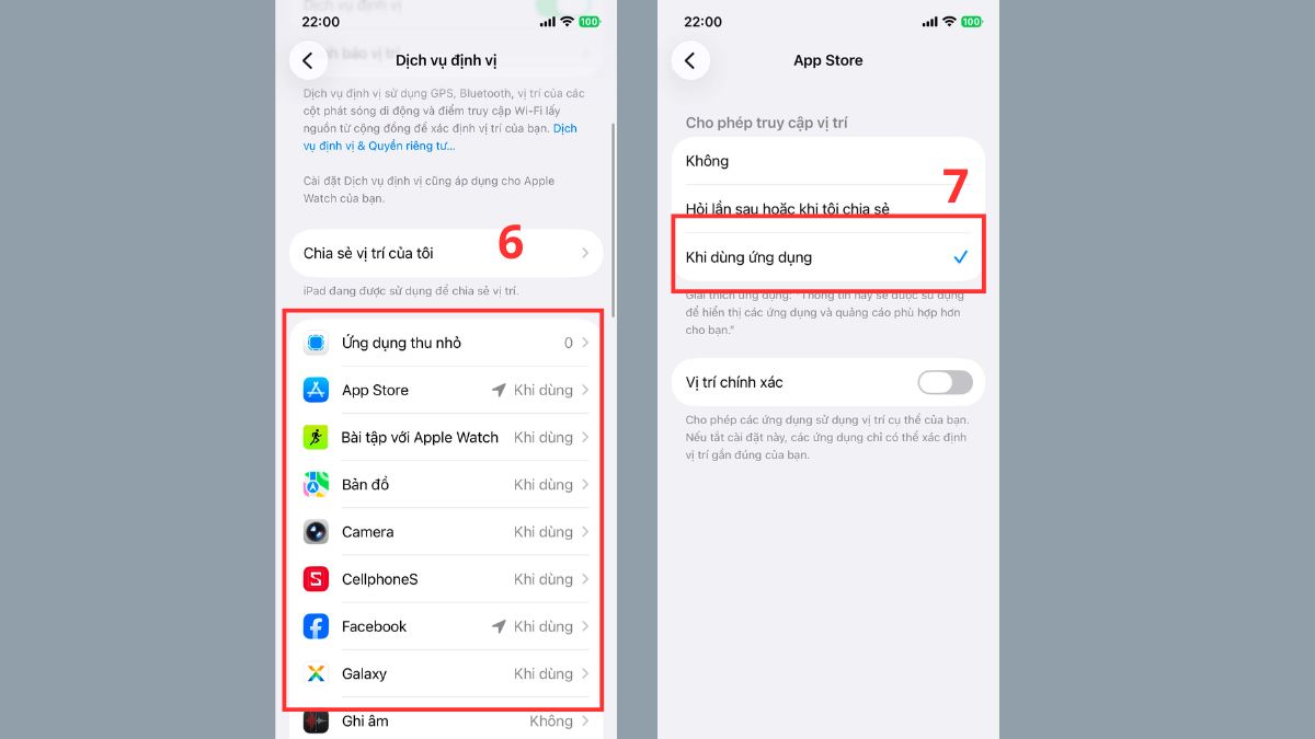 Chỉnh định vị khi dùng ứng dụng giảm dung lượng pin iphone 13 tụt nhanh.