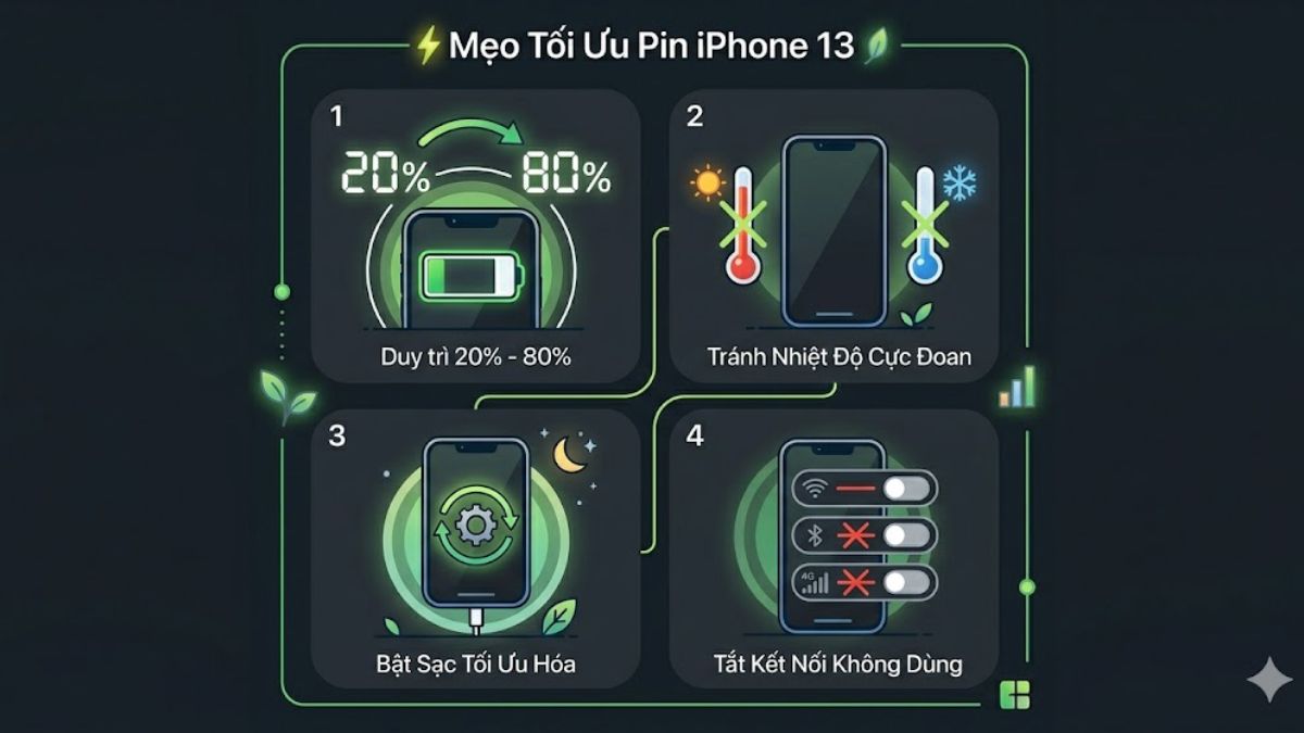 Bảng mẹo tối ưu hệ thống khi dung lượng pin iphone 13 tụt nhanh.