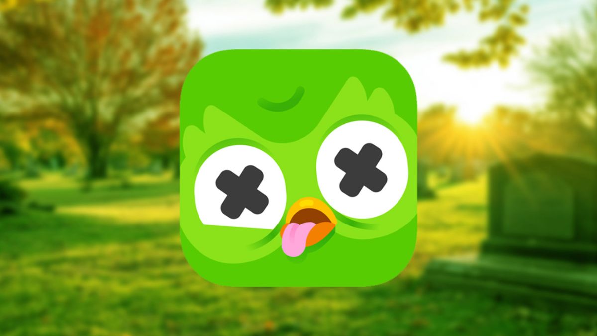 Biểu tượng app Duolingo bị lỗi không vào được với hình cú xanh ngất xỉu.