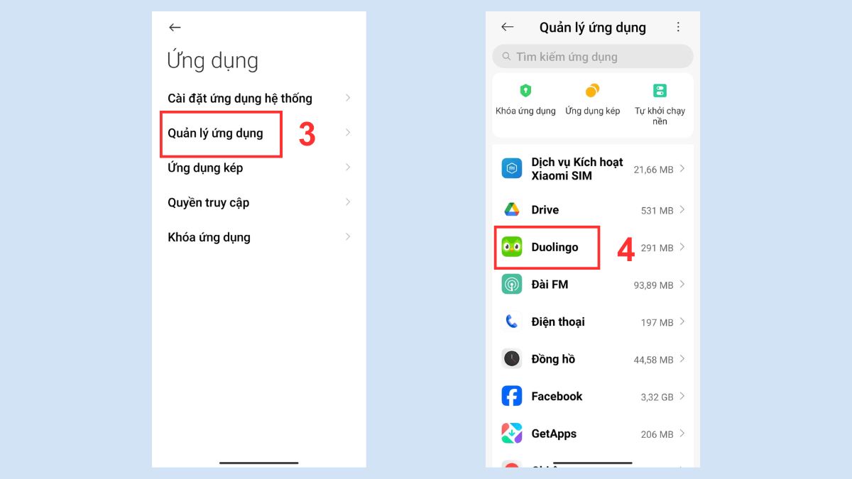Chọn mục Quản lý ứng dụng để tìm kiếm khi app Duolingo bị lỗi.