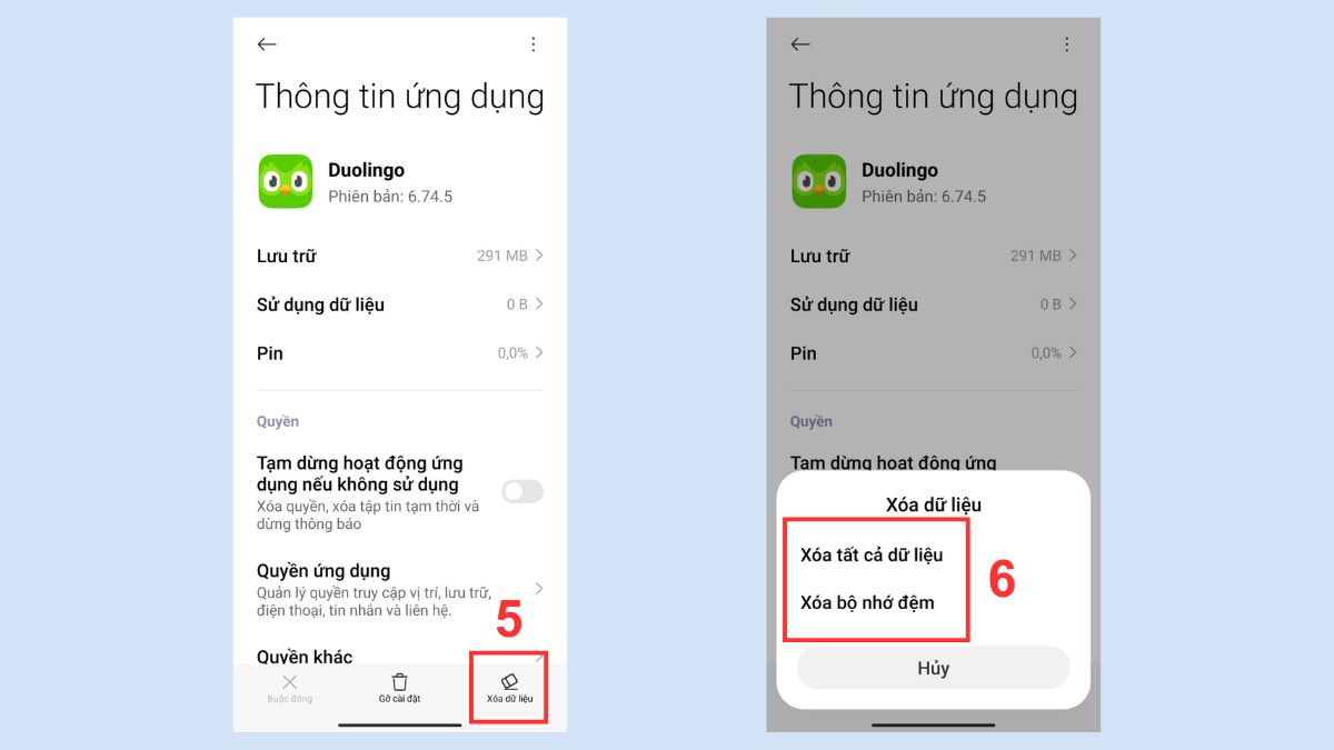 Xóa tất cả dữ liệu và bộ nhớ đệm khi Duolingo bị lỗi.