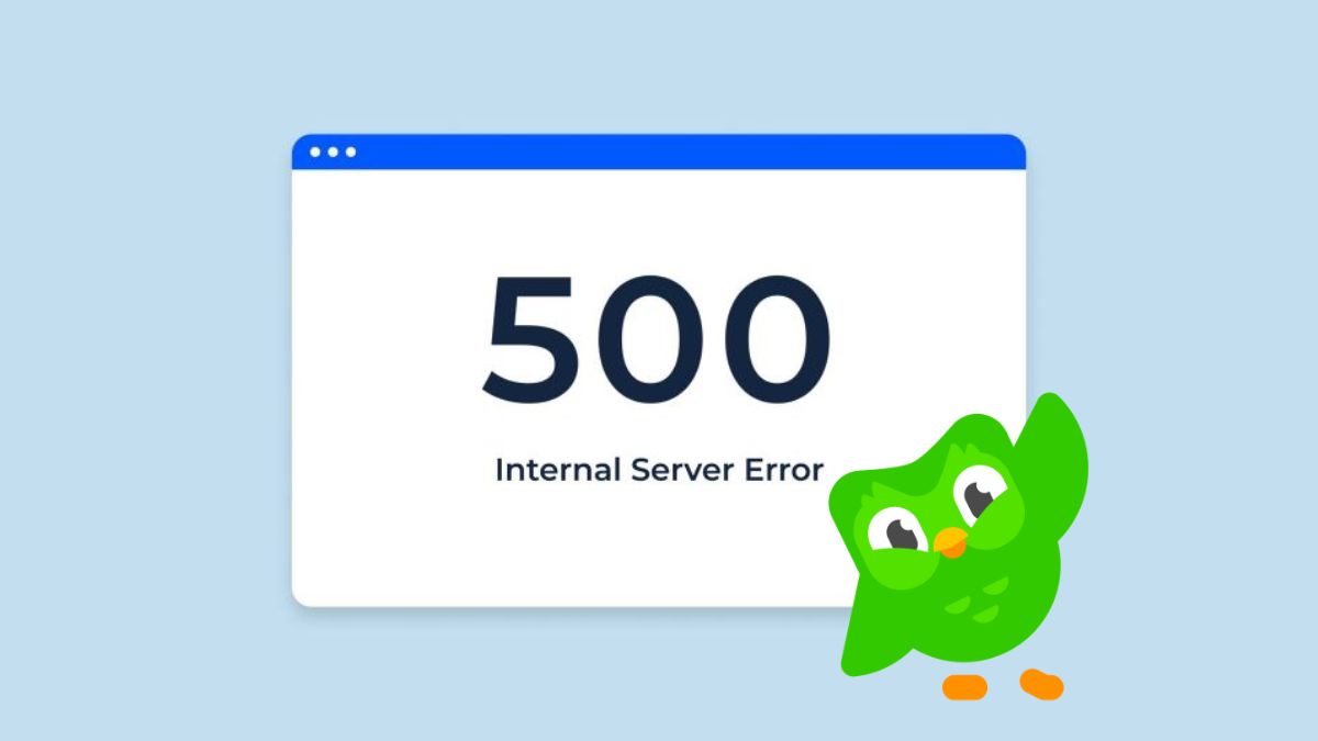 Giao diện thông báo lỗi 500 Internal Server Error khi máy chủ Duolingo bị lỗi.
