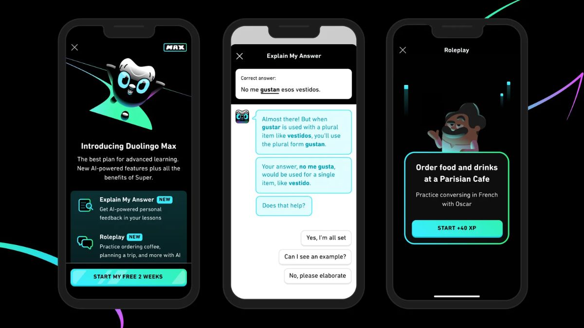 Các tính năng AI độc quyền như Roleplay và Explain My Answer trên duolingo max.