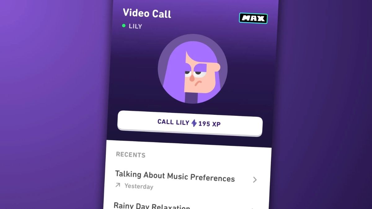 Tính năng Video Call với Lily trên duolingo max giúp luyện kỹ năng giao tiếp AI.