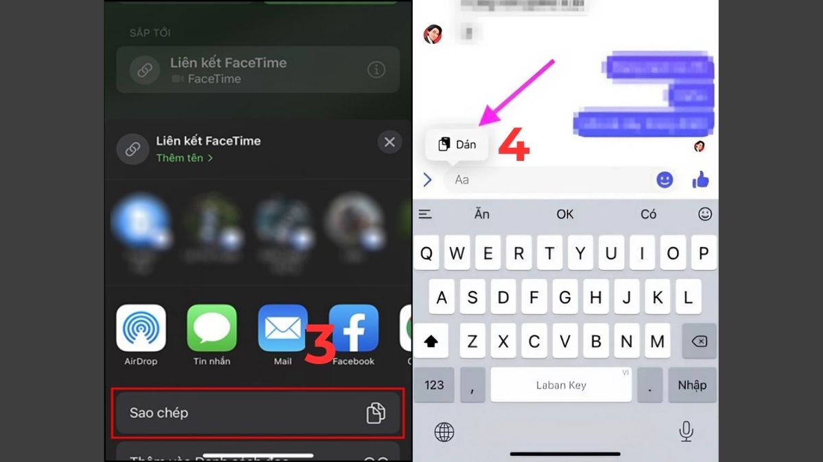 Ảnh chụp màn hình quá trình sao chép và dán đường link FaceTime để chia sẻ, giúp người dùng biết cách mời người khác tham gia cuộc gọi facetime in android.