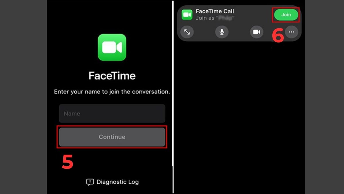 Ảnh chụp màn hình điện thoại Android, minh họa cách người dùng nhập tên và nhấn tham gia cuộc gọi Facetime Android qua trình duyệt.