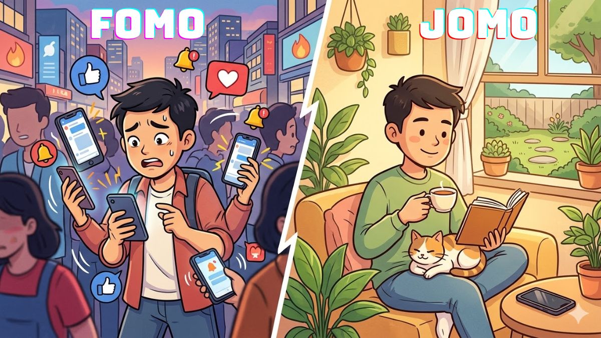 So sánh fomo nghĩa là gì với JOMO để tìm lại sự bình yên tâm hồn.