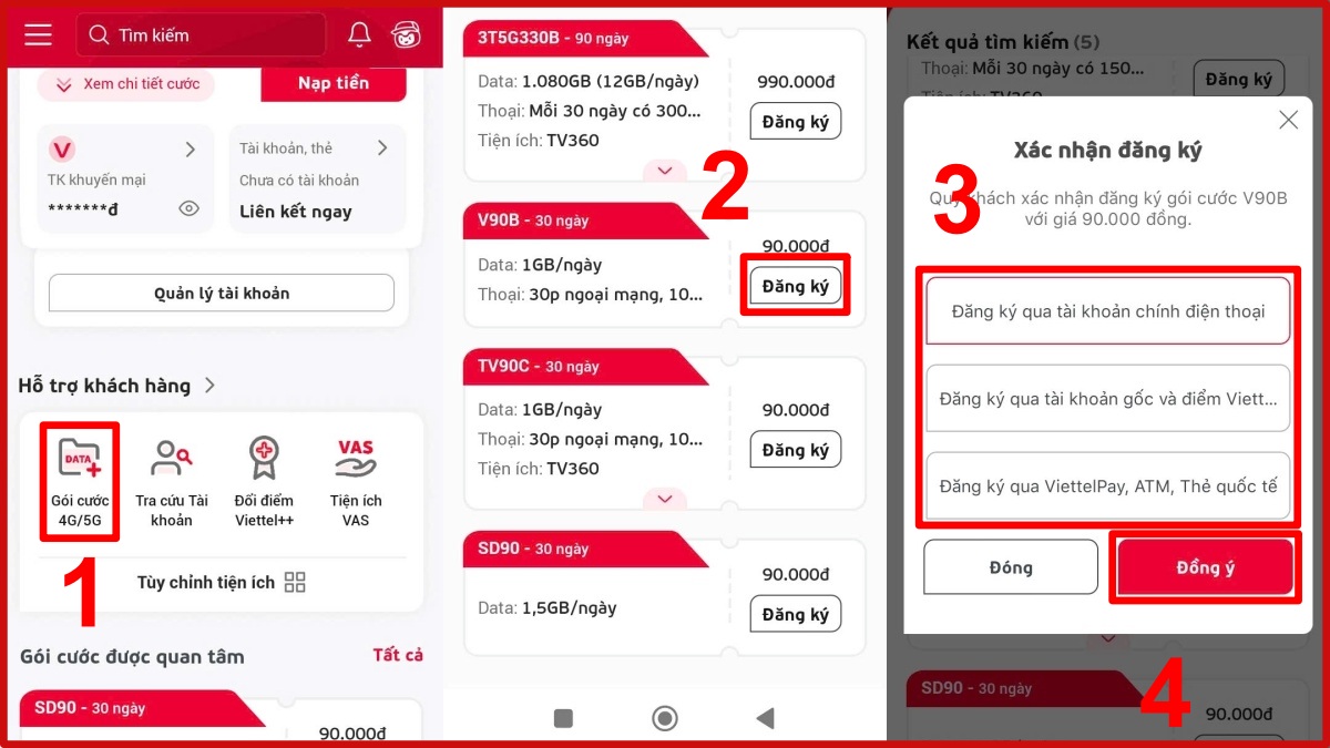 Hướng dẫn đăng ký gói cước 4g viettel 90k (V90B) qua app My Viettel, chọn Đăng ký và Đồng ý.