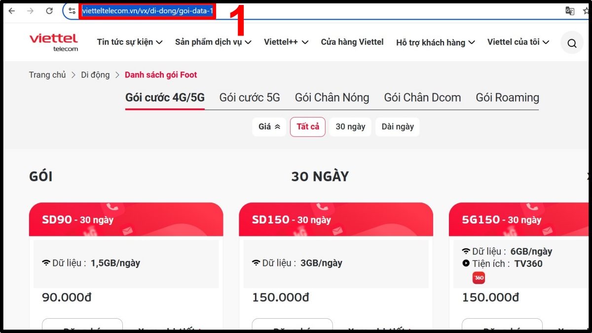 Giao diện website Viettel với URL đăng ký gói cước dữ liệu, bước đầu tiên để đăng ký gói cước 90k của viettel.