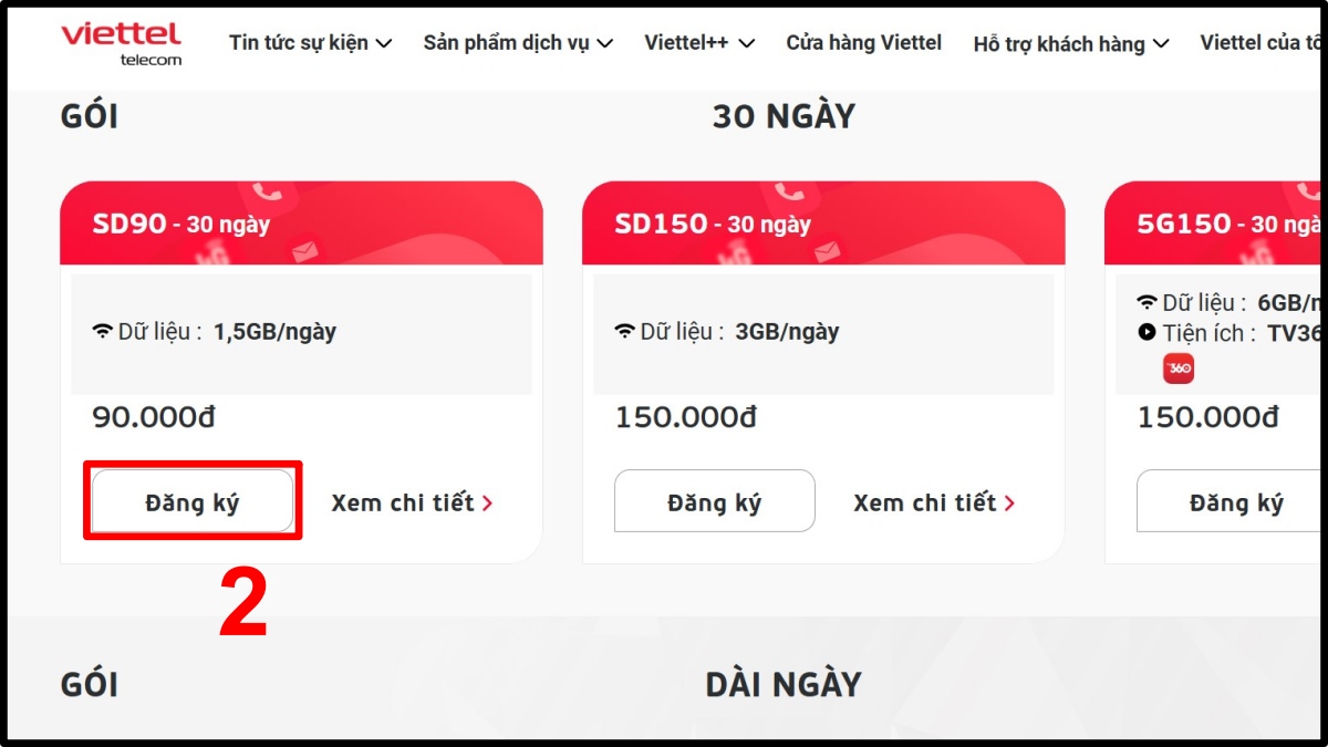 Danh sách gói 4G giá rẻ SD90, SD150, chọn nút Đăng ký cho gói cước 90k của viettel