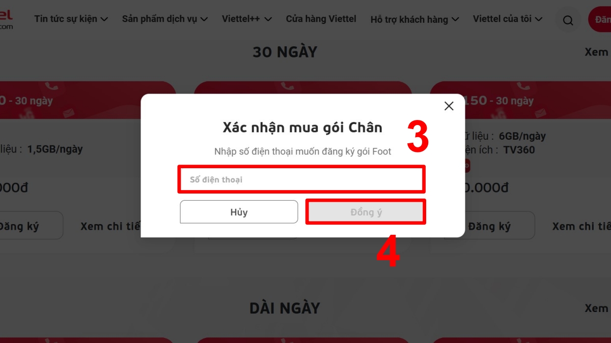 Cửa sổ xác nhận đăng ký gói cước, nhập số điện thoại và nhấn Đồng ý để hoàn tất đăng ký gói cước 90k Viettel.