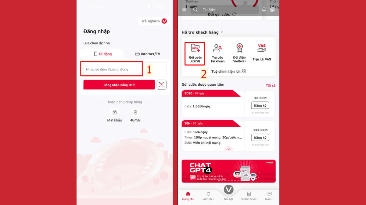 Giao diện đăng nhập My Viettel và chọn mục gói cước 4G để đăng ký gói V120 Viettel.