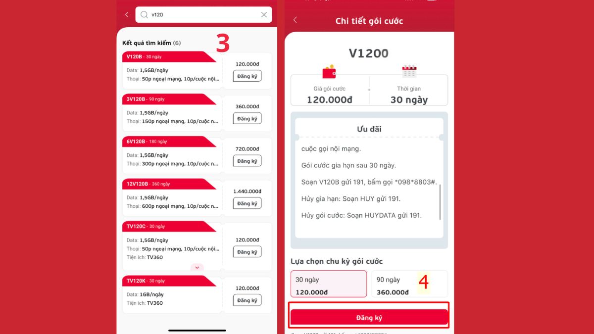 Chi tiết và nút Đăng ký cho gói V120 Viettel trong ứng dụng My Viettel.