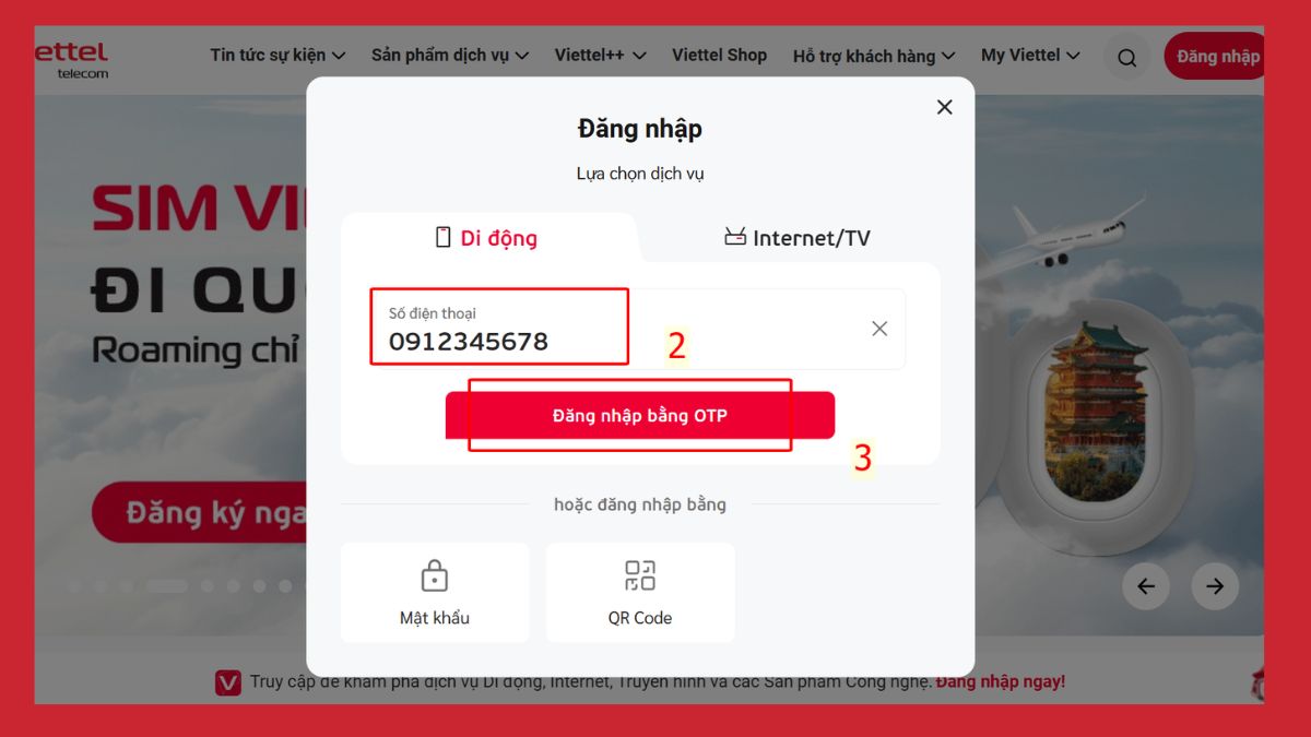 Bước nhập số điện thoại để đăng nhập và đăng ký gói V120 Viettel trên website.