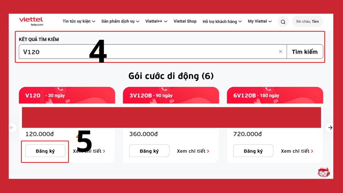 Màn hình kết quả tìm kiếm gói cước V120 Viettel 30 ngày trên website.