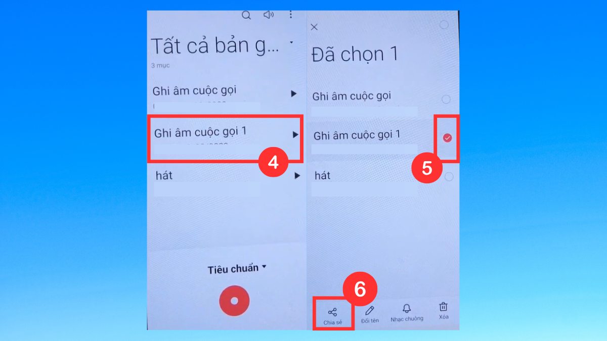 chọn và chia sẻ bản ghi âm cuộc gọi trên oppo đã lưu bằng cách nhấn giữ để chọn
