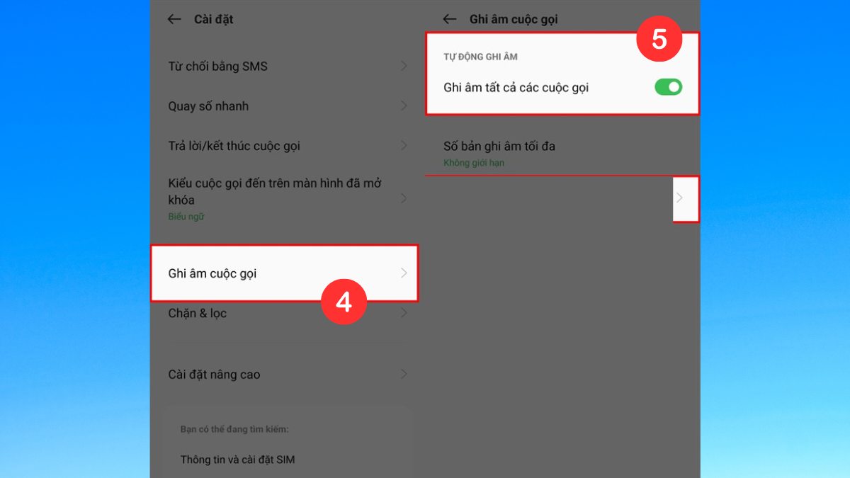 cách bật ghi âm cuộc gọi trên oppo tự động bằng cách kích hoạt tùy chọn ghi âm tất cả các cuộc gọi