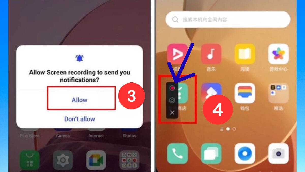 cấp quyền cho tính năng ghi hình màn hình để bắt đầu ghi âm cuộc gọi trên oppo