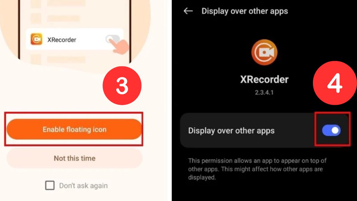 bật enable floating icon và display over other apps cho ứng dụng ghi âm cuộc gọi oppo bên thứ ba