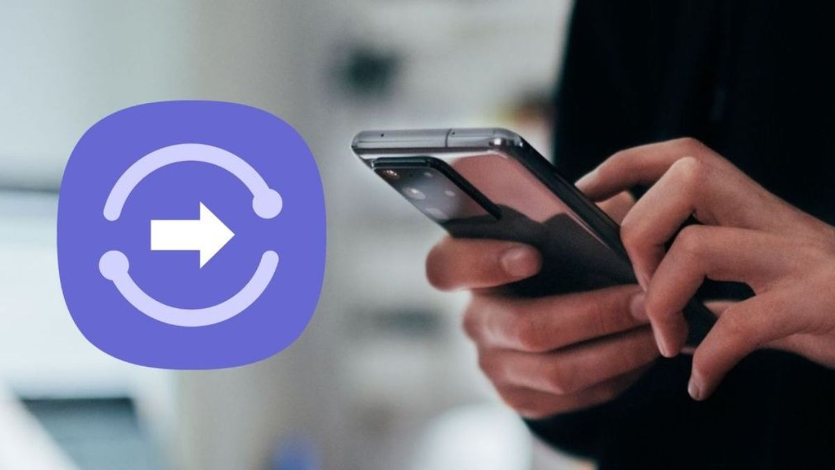 Biểu tượng Quick Share và người dùng đang sử dụng điện thoại - Chia sẻ dữ liệu nhanh chóng trong hệ sinh thái Samsung