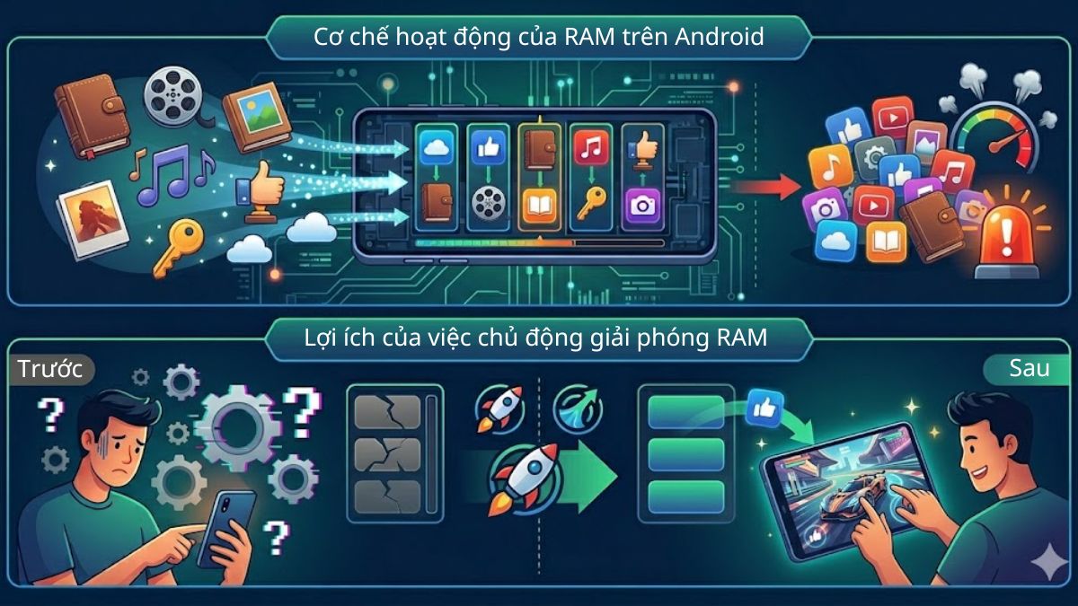 Sơ đồ cơ chế hoạt động và lợi ích việc giải phóng RAM Android